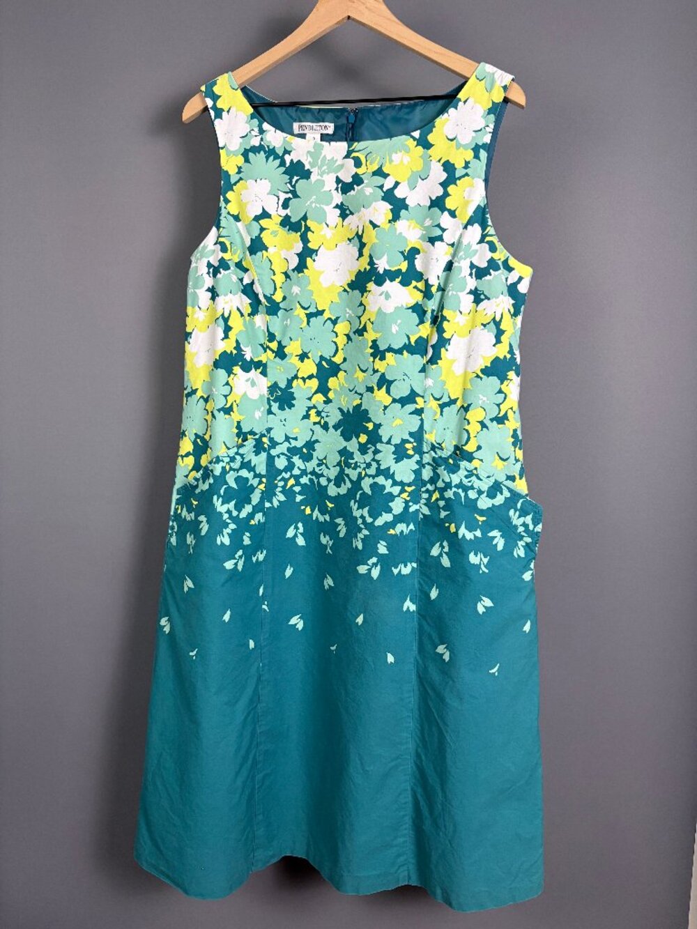 Pendleton Size 18 Floral Cotton Midi Dress Teal Green Yellow Sleeveless Pockets